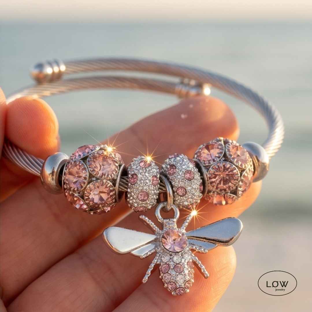 Bee Charm Cable Bracelet Pink Silver
