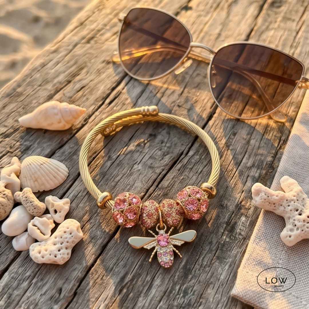 Bee Charm Cable Bracelet Pink Gold - Image 2