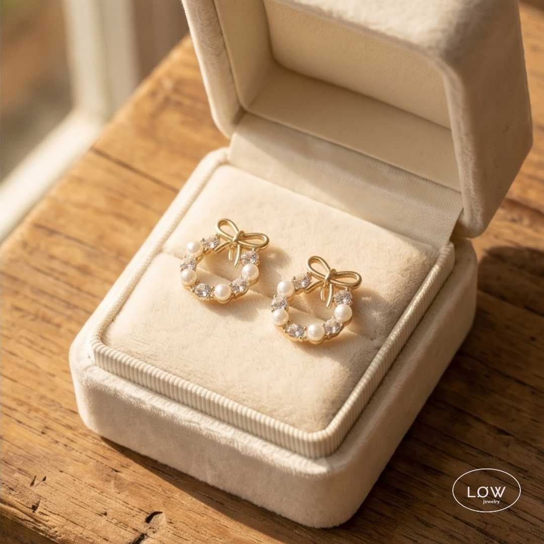 Colette Pearl Bow Stud Earrings Gold - Image 2