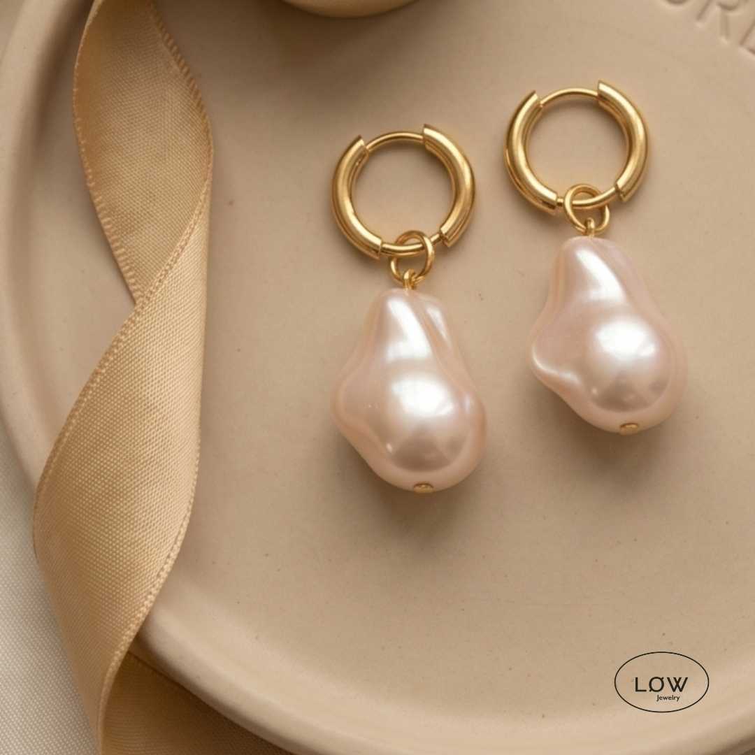 Gold Baroque Pearl Hoop Earrings - Image 3