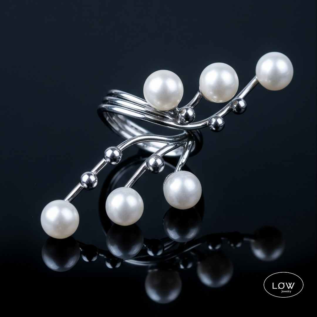 Silver Pearl Statement Open Ring - Image 3