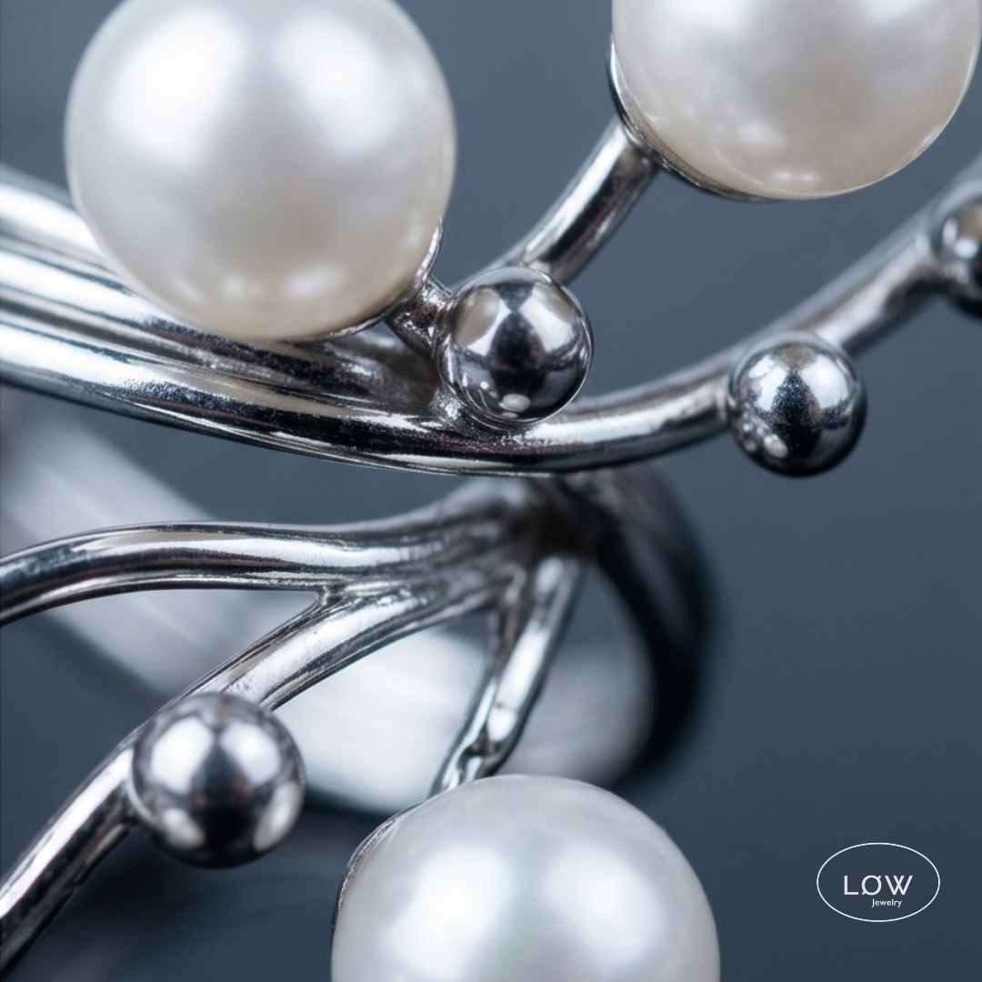 Silver Pearl Statement Open Ring - Image 6