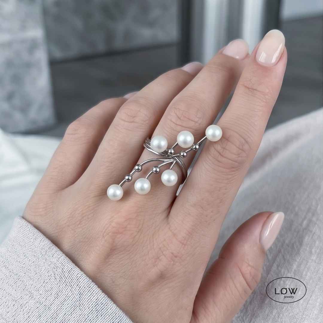 Silver Pearl Statement Open Ring