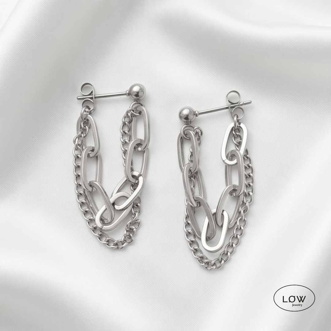 Silver Double Chain Tassel Earrings - Image 3