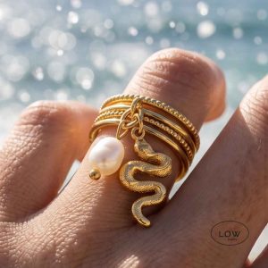 Snake & Pearl Charm Open Ring
