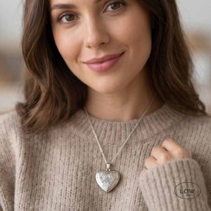 Vintage Floral Heart Locket Necklace Silver